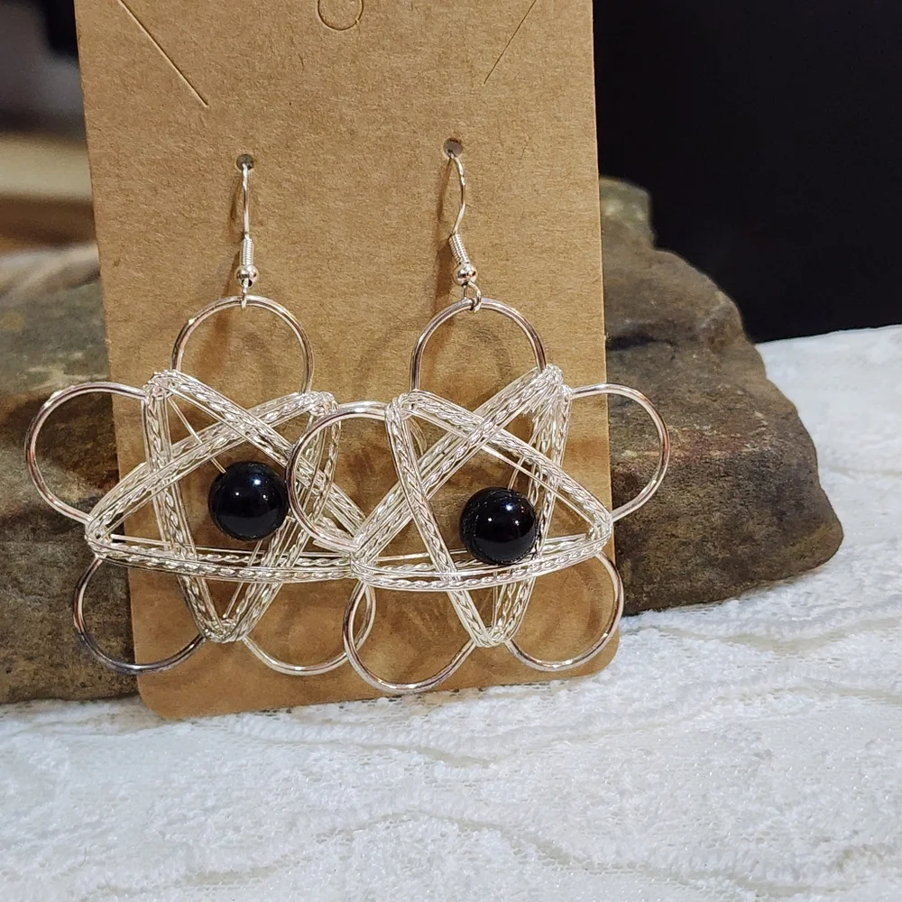 Silver Toned Wire Wrapped Black Beaded Pierced Earrings